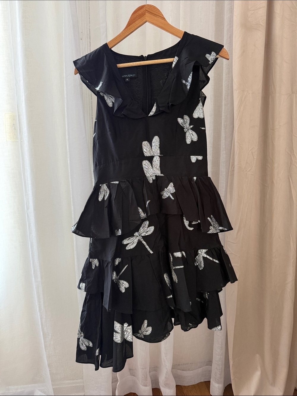 Cynthia Rowley Black High-Low Ruffle Dress with Silver Dragonfly Motif